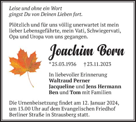 Traueranzeigen von Joachim Born Märkische Onlinezeitung Trauerportal