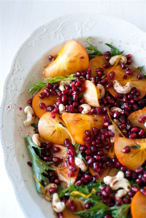 Mizuna Persimmon And Pomegranate Salad With Orange Dressing With