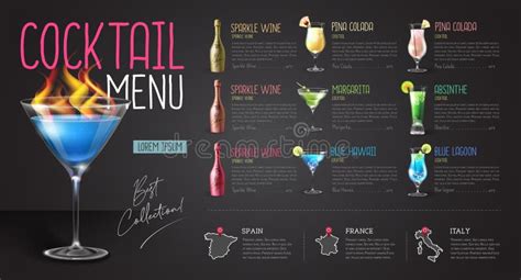 Cocktail Menu Design With Realistic Cocktail Glasses And Bottles Chalk Background Stock Vector