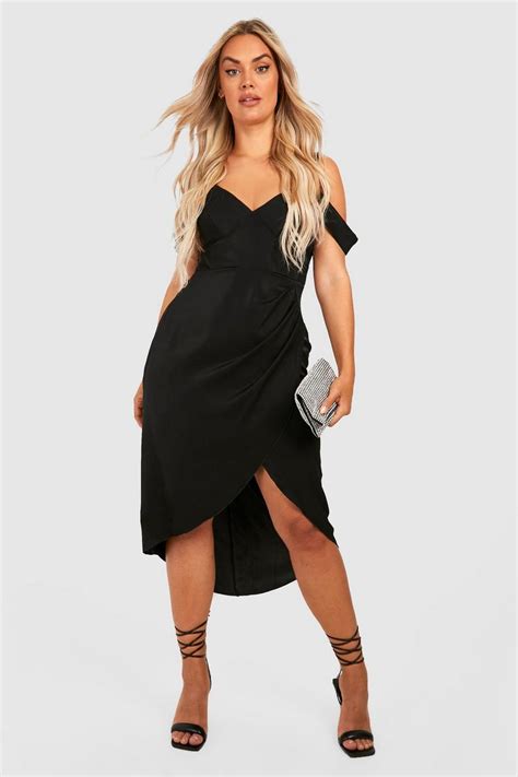 Plus Premium Satin Cold Shoulder Wrap Dress Boohoo Uk