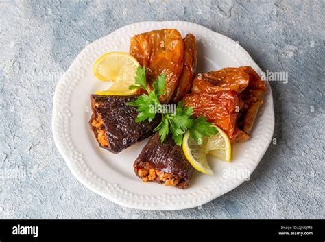 Dried Eggplant Stuffed And Dried Pepper Stuffed With Rice Tomato And