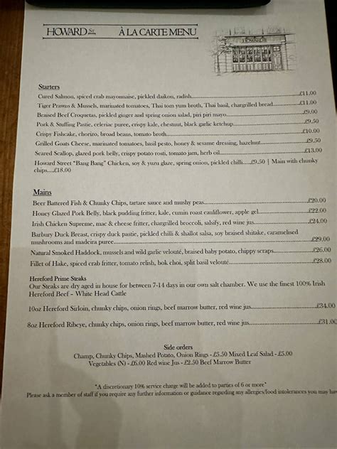 Menu at Howard Street restaurant, Belfast