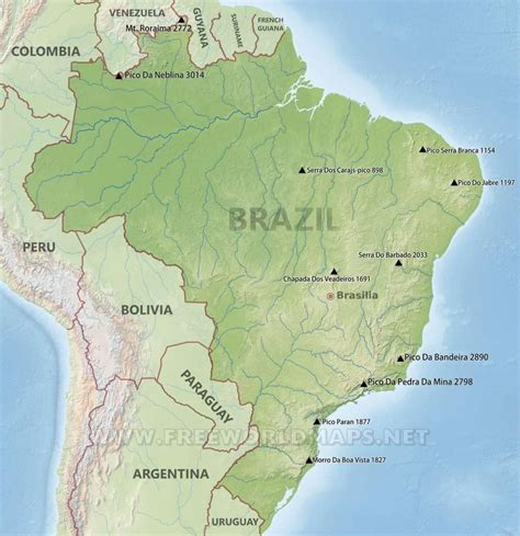 Brazil mountains map - Mountains in Brazil map (South America - Americas)