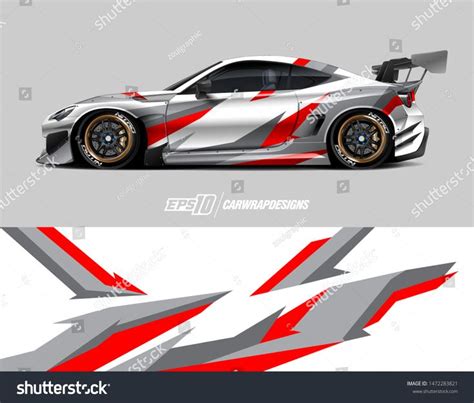 the front and back view of a racing car with red stripes on it's side