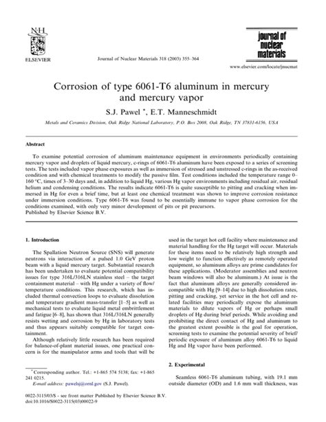 Corrosion Of Type 6061 T6 Aluminum In Mercury And Mercury Vapor