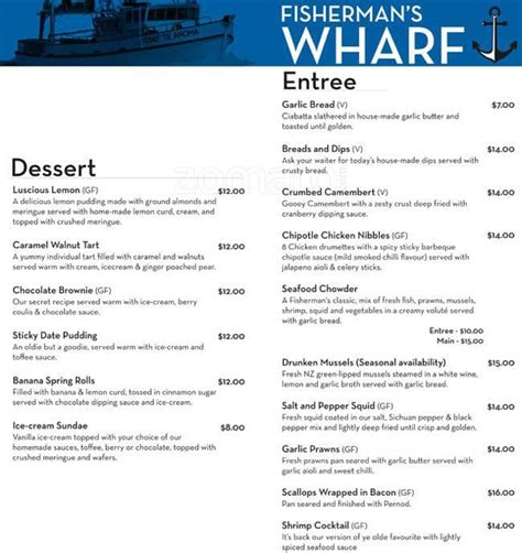 Menu at Fisherman's Wharf restaurant, Lyttelton