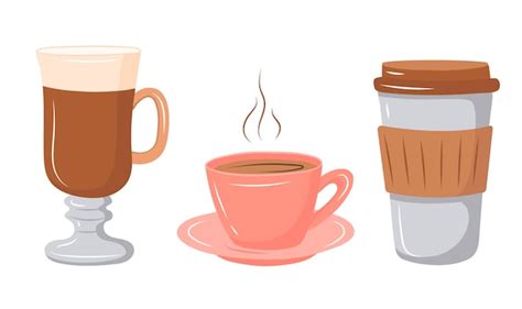 Juego De Café En Vaso Taza Y Café Con Leche Ilustración Vectorial En