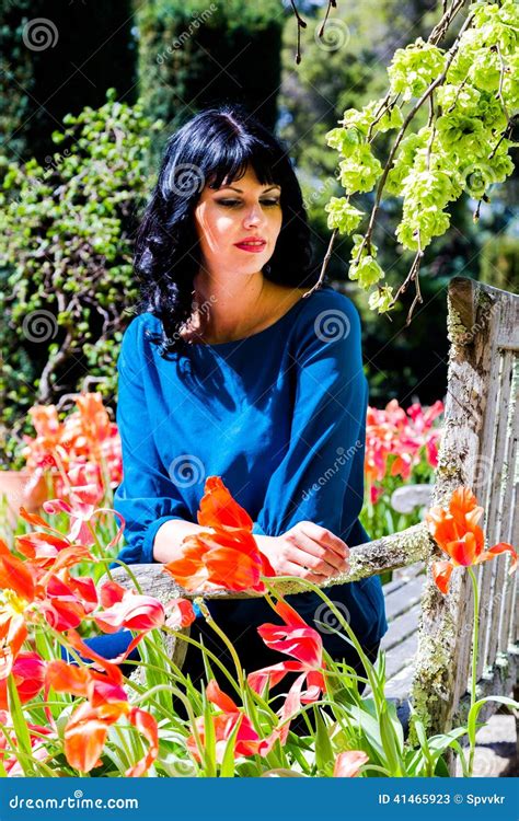 Beautiful Brunette In The Garden Stock Image Image Of Female Flower