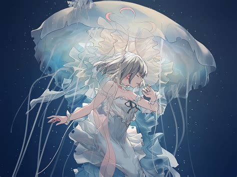 Underwater Anime Girl Close Eyes Jellyfish Background Ryhhb