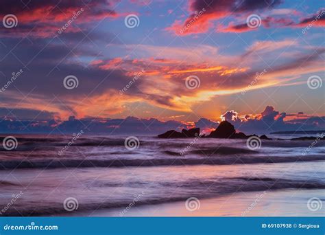 Fiery Sunset At Sea Gale Beach Stock Photo Image Of Destination