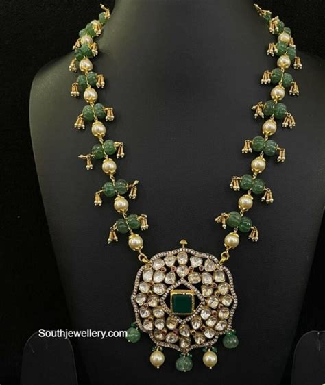 Pumpkin Emerald Beads Necklace With Polki Pendant