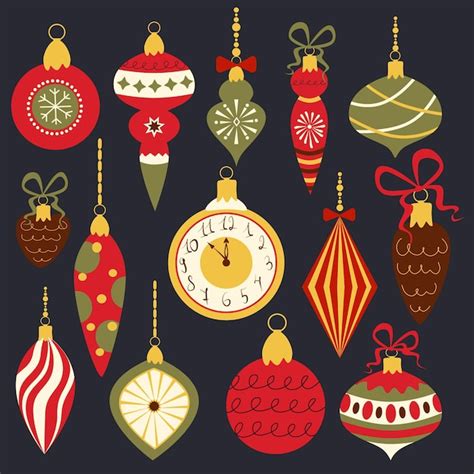 Conjunto vectorial de juguetes navideños vintage bolas de árbol de