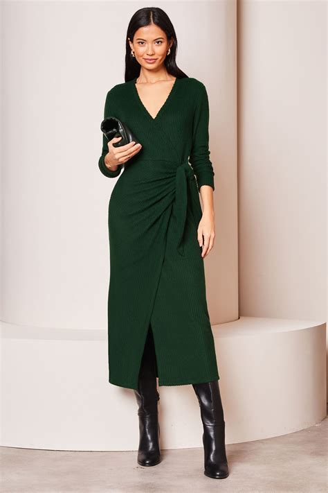 Buy Lipsy Green Long Sleeve Cosy Tie Side Wrap Midi Jumper Dress From