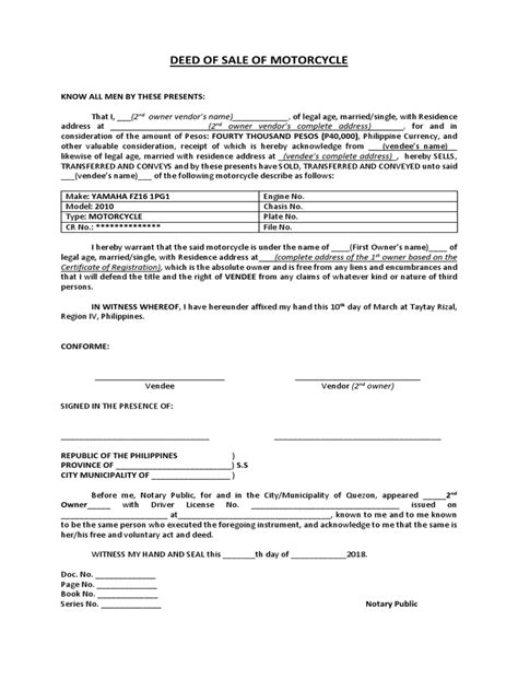 Deed Of Sale Of Motorcycle 2nd Or 3rd Owner Pdf Deed Notary Public