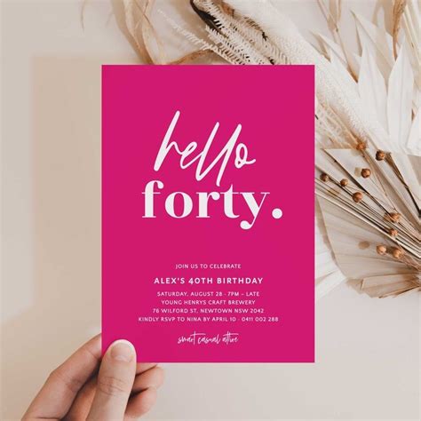 Hot Pink 40th Invitation Hello Forty Minimal 40th Invitation Etsy