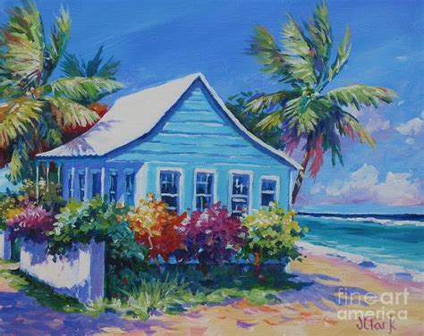 Blue Cottage On The Beach Painting Beach Art Painting Tropical Art