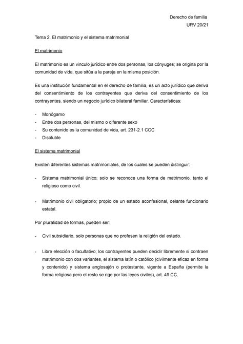 Tema Apunts Derecho De Familia Urv Tema El Matrimonio Y