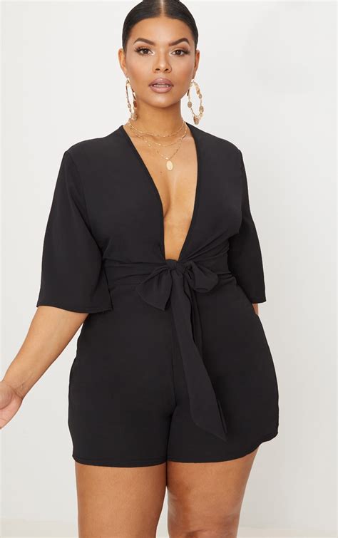 Plus Black Tie Waist Romper Plus Size Prettylittlething Usa