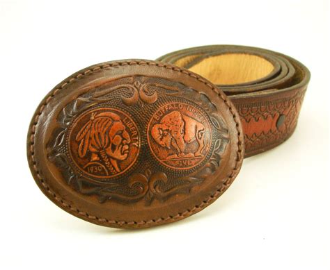 1970s Leather Belt Buckle Mens Vintage Cowboy Western Belt Buckle With