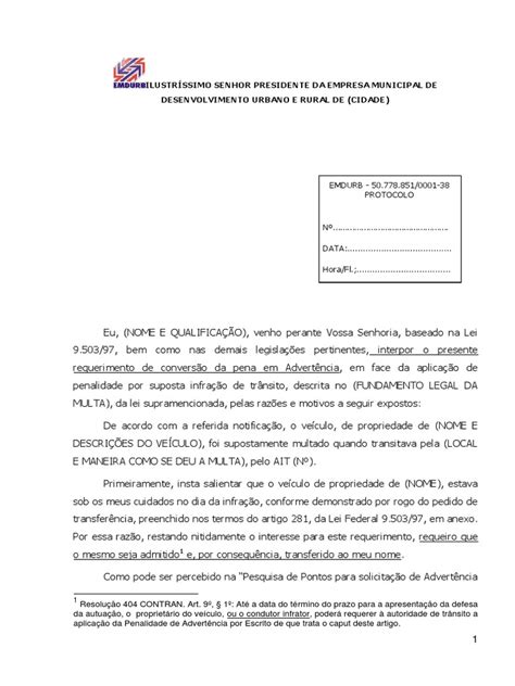 Requerimento Conversão Multa De Trânsito Em Advertência Pdf Tráfego Cidade