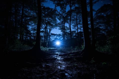 Premium Photo | A dark forest at night with a bright light shining ...