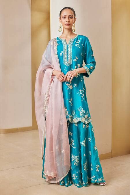 Buy Green Mulberry Silk Embroidered Sequins Notched Kurta Sharara Set