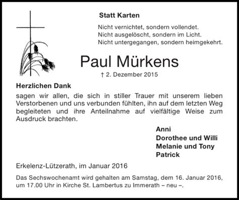 Traueranzeigen von Paul Mürkens Aachen gedenkt