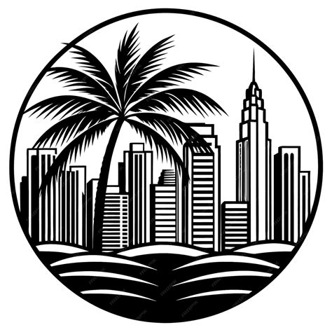 Vector a city skyline with a palm tree and a city in the background