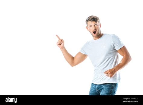 Shocked Man Pointing With Finger Isolated On White Stock Photo Alamy