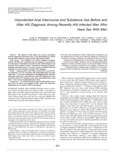 PDF Unprotected Anal Intercourse And Substance Use Before And After HIV Diagnosis Among