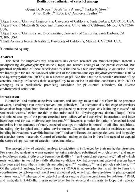 Resilient Wet Adhesion Of Catechol Analogs Materials Chemistry