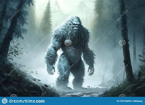 Yeti or Abominable Snowman Walks through Winter Forest Area. Neural ...