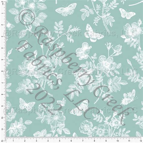 Dusty Mint And White Butterfly Floral Toile Print Stretch Crepe Club