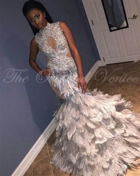 African Black Girls Feather Prom Dresses Mermaid High Neck Lace