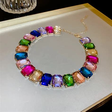 Exaggerated Square Rhinestone Choker Necklace Women Fashion Luxury Colorful Crystal Chunky Chain