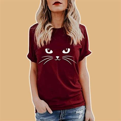 Morchan T Shirt Pour Femme Motif Imprimé Chat Manches Courtes