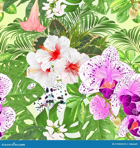 Beautiful Orchids Line Art Seamless Pattern Exotic Flowers Drawing On