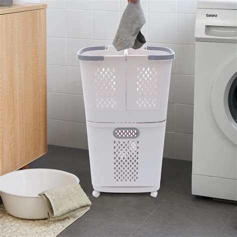 Loyalheartdy 2 Tier Laundry Storage Basket Movable Household Laundry ...