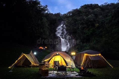 Light and Campfire on Night Time at Mae Tia Waterfall Stock Image - Image of holiday, summer ...