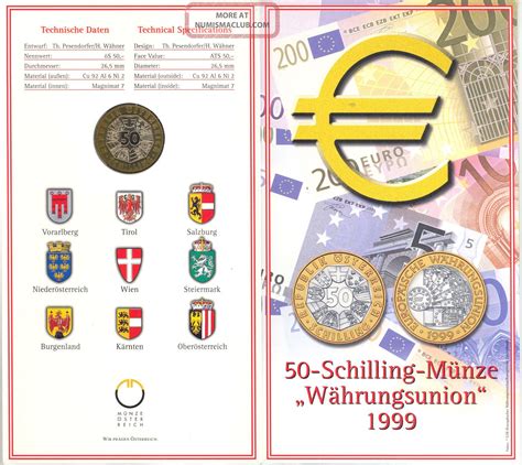 Austria 50 Schilling 1999 Währungsunion Unc Special Folder Bimetallic