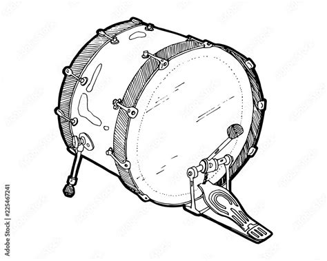 Bass drum with bass pedal sketch drawing isolated on white background ...