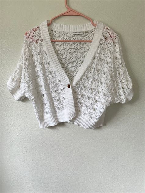 Y2k White Crochet Eyelet Knit Cropped Cardigan Size … Gem