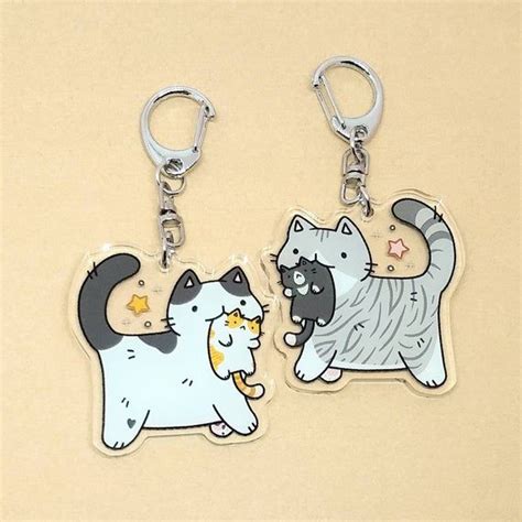 Mom Cat With Kitten Keychain Cute Kitty Cat Keyring Double Etsy Cat