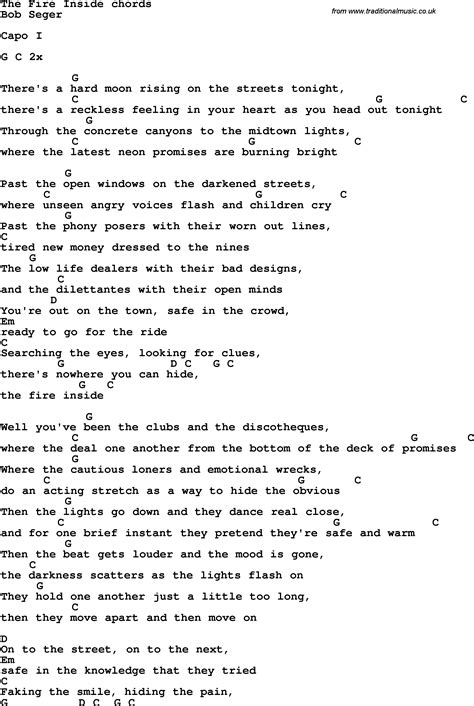 Song lyrics with guitar chords for The Fire Inside - Bob Seger