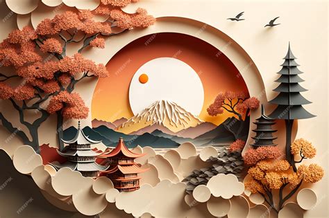 Premium Photo Paper Cut Art Of A Japanese Landscape With Mountains