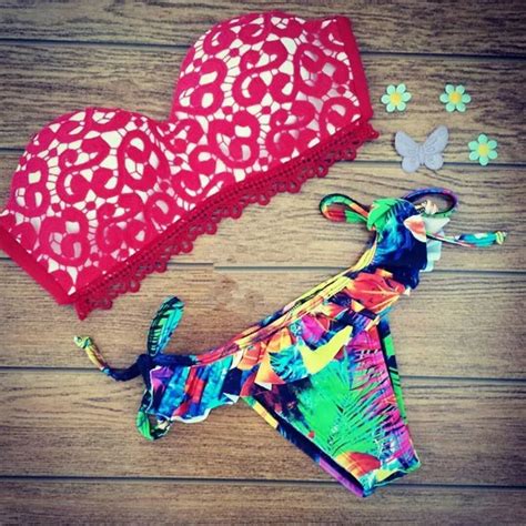 Yellow Bandeau Print Swimwear Bikini Brazilian 2017 Push Up Bikinis Set Women Sexy Neon Biquini