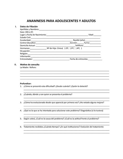 Anamnesis PARA Adultos ANAMNESIS PARA ADOLESCENTES Y ADULTOS I Datos