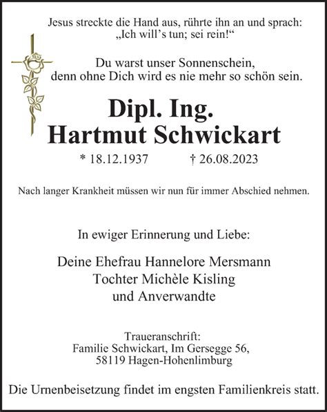 Traueranzeigen Von Dipl Ing Hartmut Schwickart Trauer In NRW De