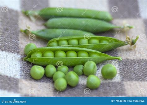 Pisum Sativum Pea Green Fruits In Gree Pods On Brown Background Tasty