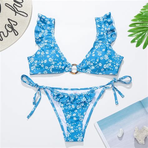 Bộ Bikini Hai Mảnh Trễ Vai In Hoa Màu Cà Phê Xanh Dương Có Gọng Kim Loại Cho Nữ BigBuy360